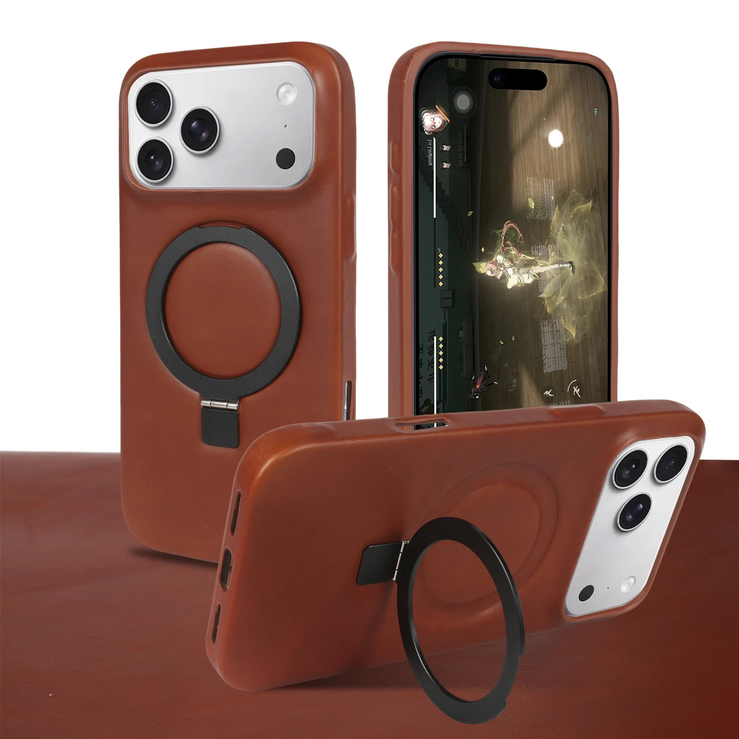 

Foldable Magnetic Bracket Genuine Leather Case For iPhone 17 Pro Max 17e 16e Air 16 15 14 13 12 Mini 11 8 7 Plus Back Cover Case