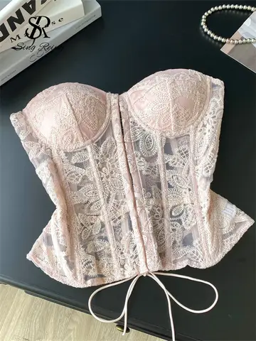 SINGREINY Floral Embroidery Sexy Club Top Female Strapless Slim Corset Backless Tank Top French Lace Up Basics Sheer Camisole