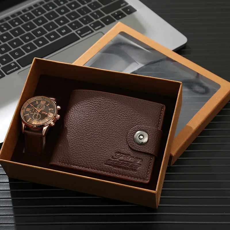 2024 Fashion Quality Gift Box for Men 2pcs/set Men\'s Gift Set Watch Black Brown Leather Belt Wallet Business Gifts Drop Shipping