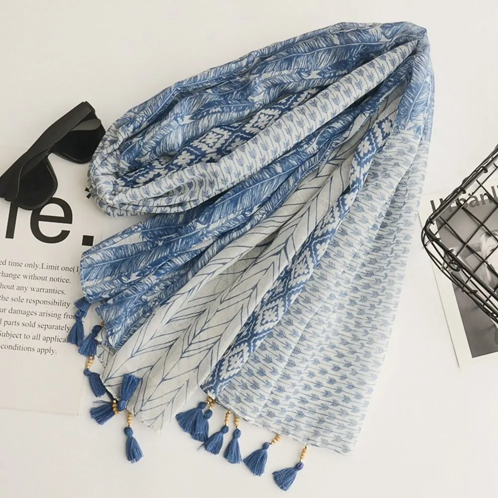 

Tassel Scarves Wood Beads Scarf Accessories Printing Korean Style Scarves Cotton Linen Scarf Female Wraps Bohemian Style Shawl