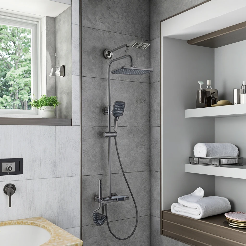

All-Copper Rain Booster Shower Head Digital Display Constant Temperature Household Brass Bathroom Suite Gun Grey Ceramic Valve