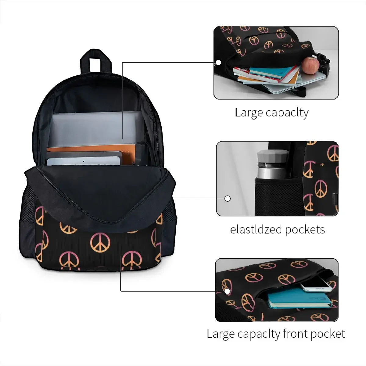 Mochila con símbolo de signo de la paz degradado para niños y niñas, mochila escolar para estudiantes, mochila para computadora portátil, bolso de hombro