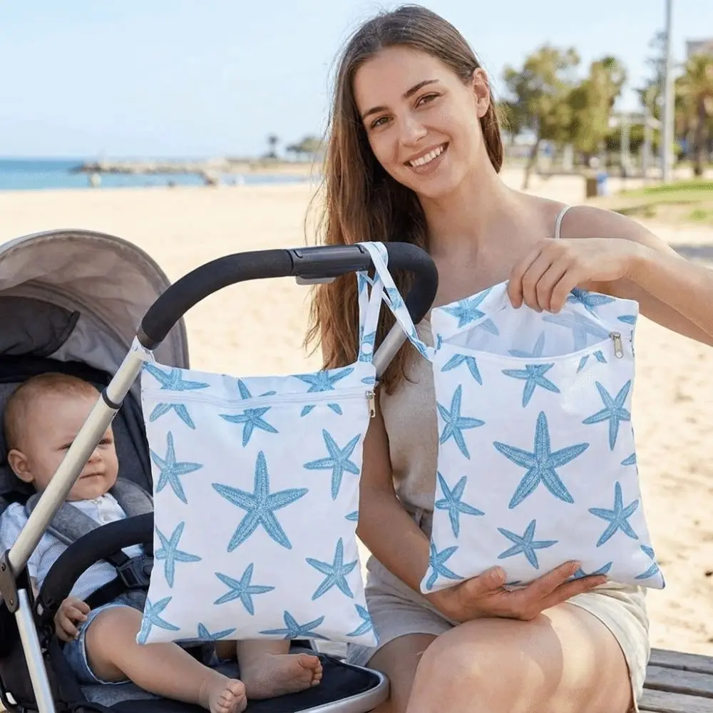 Practical Zipper Waterproof Mummy Bag Large Capacity Reusable Starfish Print Diaper Bag Lightweight Hanging Wet Dry Bag Baby