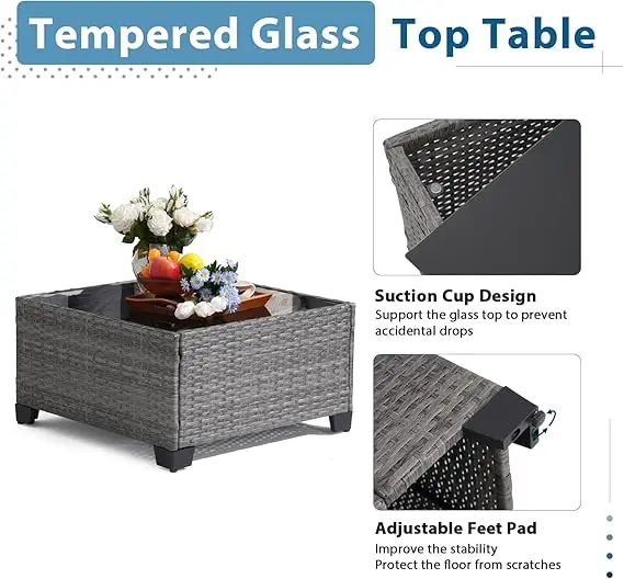 6 Piece Outdoor Patio Furniture Set - Wicker Sofa with Coffee Table, Powder-Coated Frame & Handwoven PE Rattan