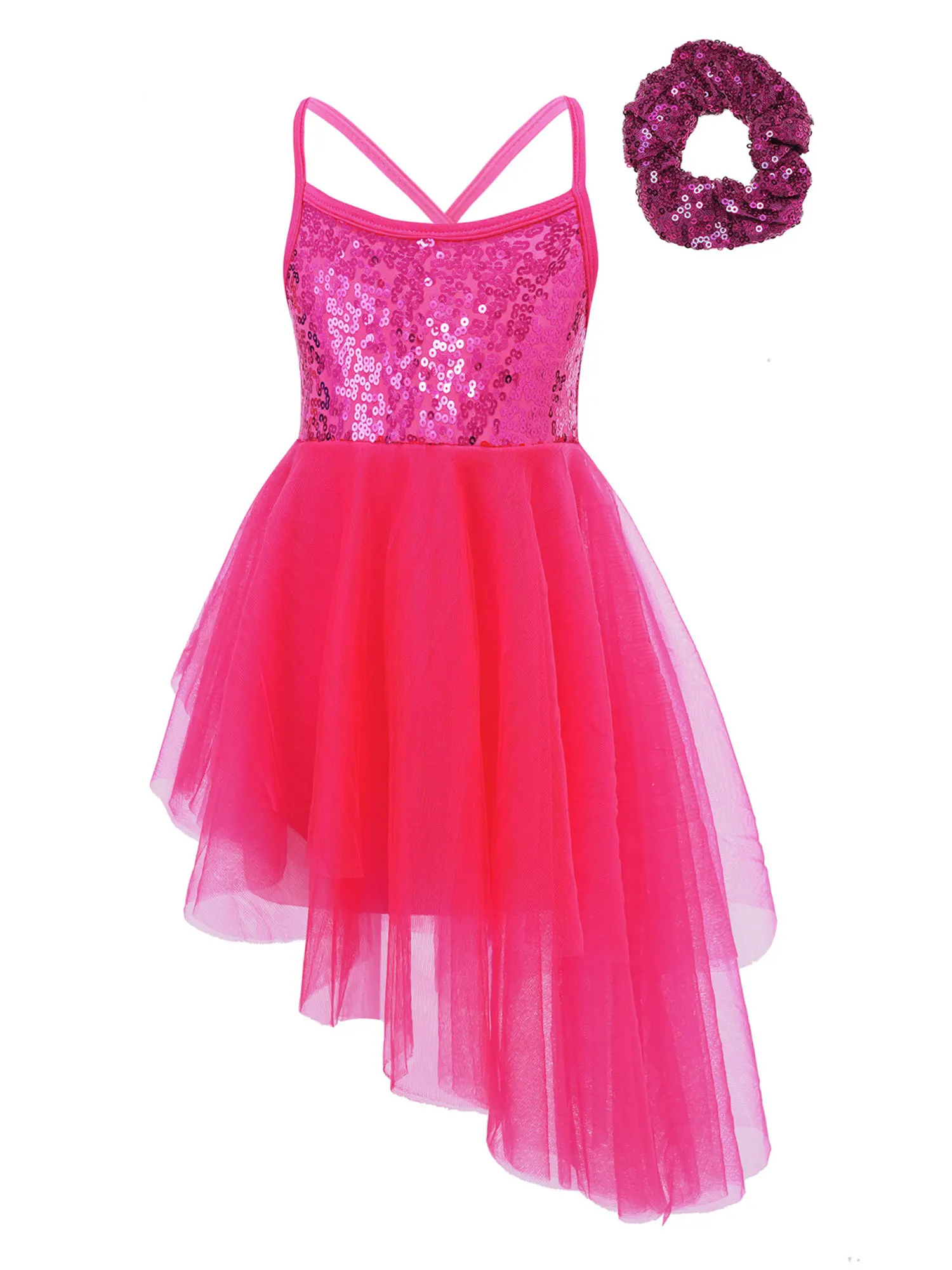 Bambini ragazze senza maniche paillettes Tulle danza classica ginnastica body vestito con cravatta per capelli copricapo