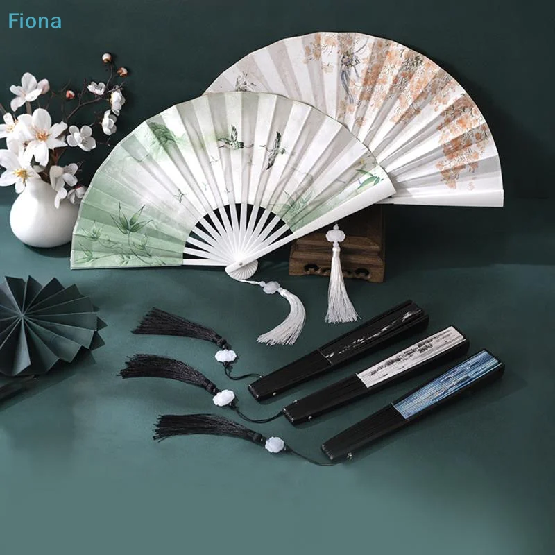 ✔Black Silk Folding Fan with Ink White Dragon Pattern, Chinese Style Hand Fan for Cosplay, Home Decor & Performance