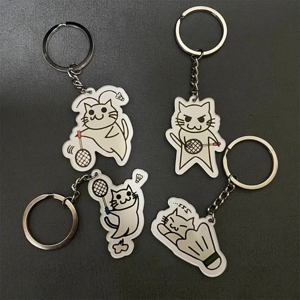 Acrylic Key Chains Bag Hanging Pendant Car Keyring Creative Cartoon Double Sided Cat Play Badminton Keychain Friend Gift