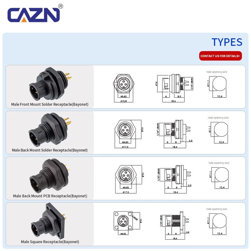 E7 Bayonet Receptacle Connector Male 2-8 Pin Front Rear PCB Flange Mount Socket IP67 for Monitoring & Outdoor Communication