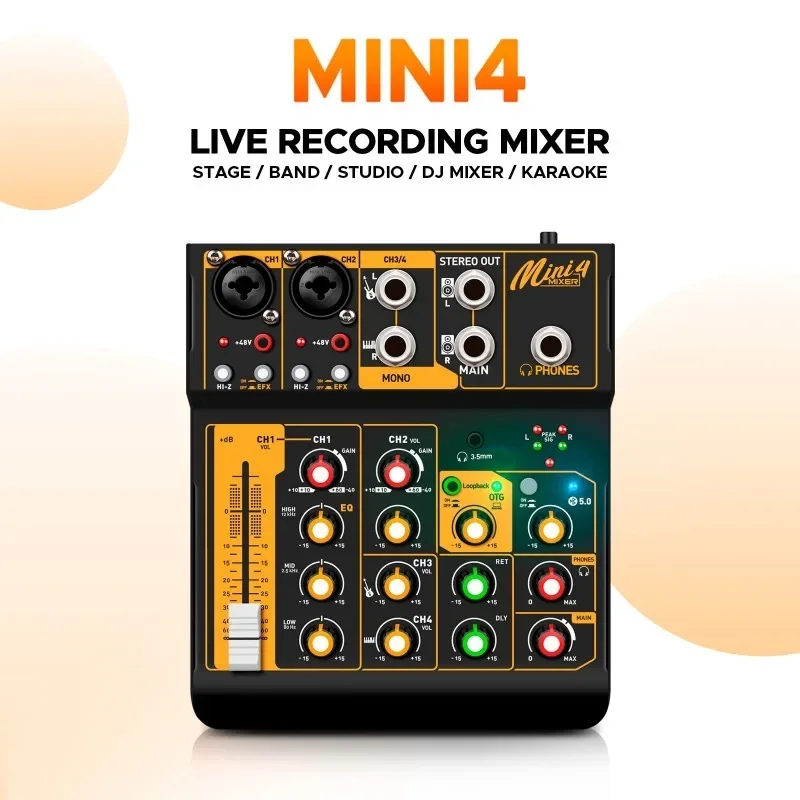 

Metal Mini4 Audio Mixer Interface DJ Console Bluetooth 5.0 OTG Reverb 48V Sound Card for Live Broadcast PC Recording Hot Sale