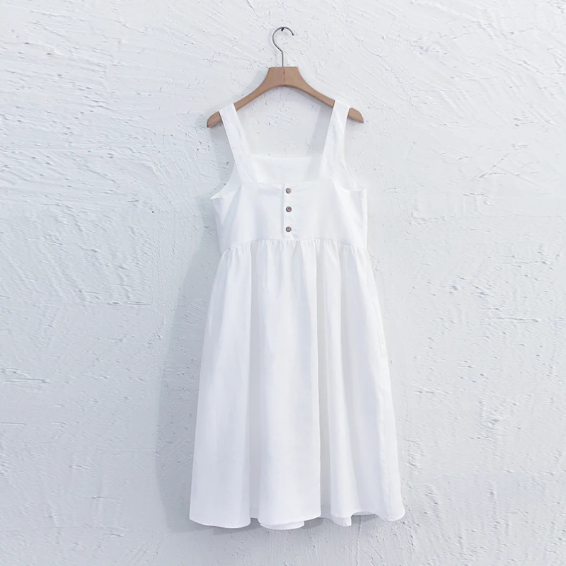 

Cotton Linen Soft White Dress Square Collar Back Button Sundress Sleeveless Vintage Elegant Dresses With Pockets Girl's Gifts