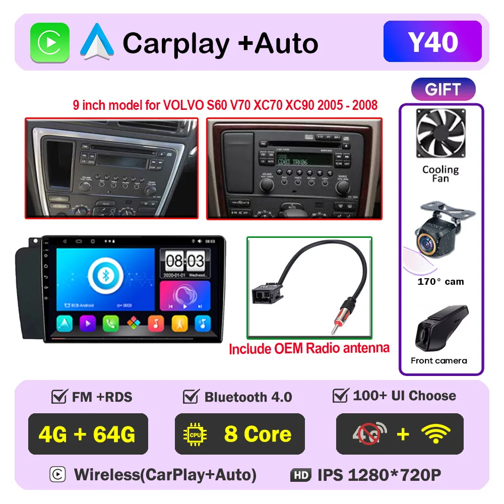 Auto radio CarPlay voor Volvo XC70 V70 S60 2000-2009 Android Auto multimediaspeler stereo 8-core autoradio DSP 5G WIFI scherm DVD