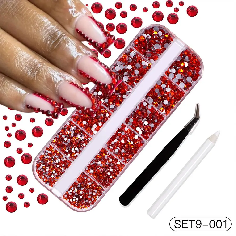 1500Pcs/Box 3D Red Round Nail Art Rhinestones Flatback Glass Diamonds Nail Charms+Crayon&Tweezer Manicure Decorations Supplies 1