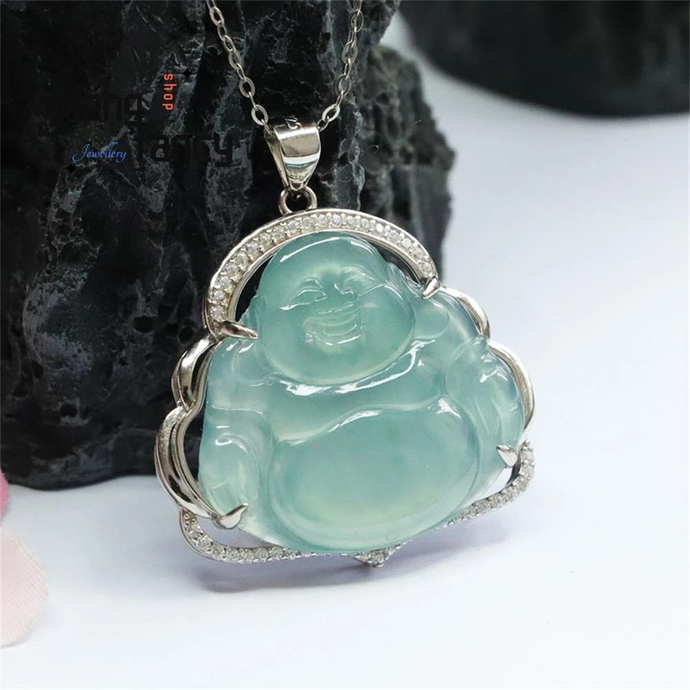 S925 Silver Lnlaid Natural Jadeite Exquisite Elegant Simple High-grade Pendant Buddha Myanmar Blue Water Luxury Quality Jewelry