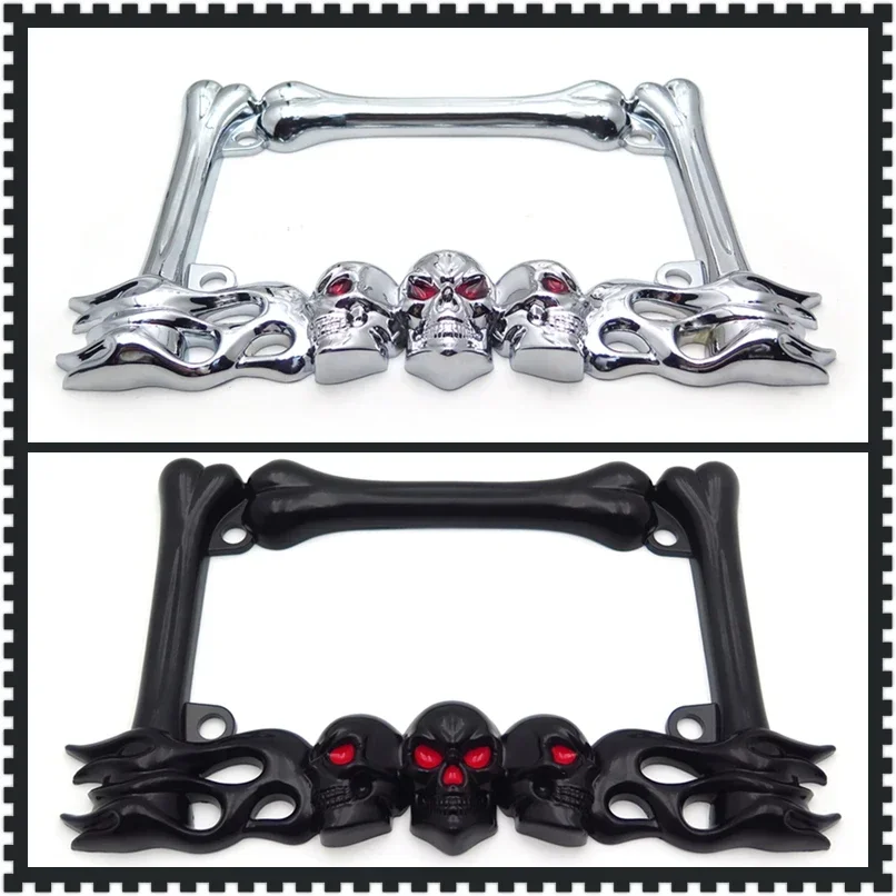 Akcesoria Cruiser Rama tablicy rejestracyjnej motocykla z czaszką i płomieniem (chrom) czarna do części motocyklowych Harley Davidson Aftermarket