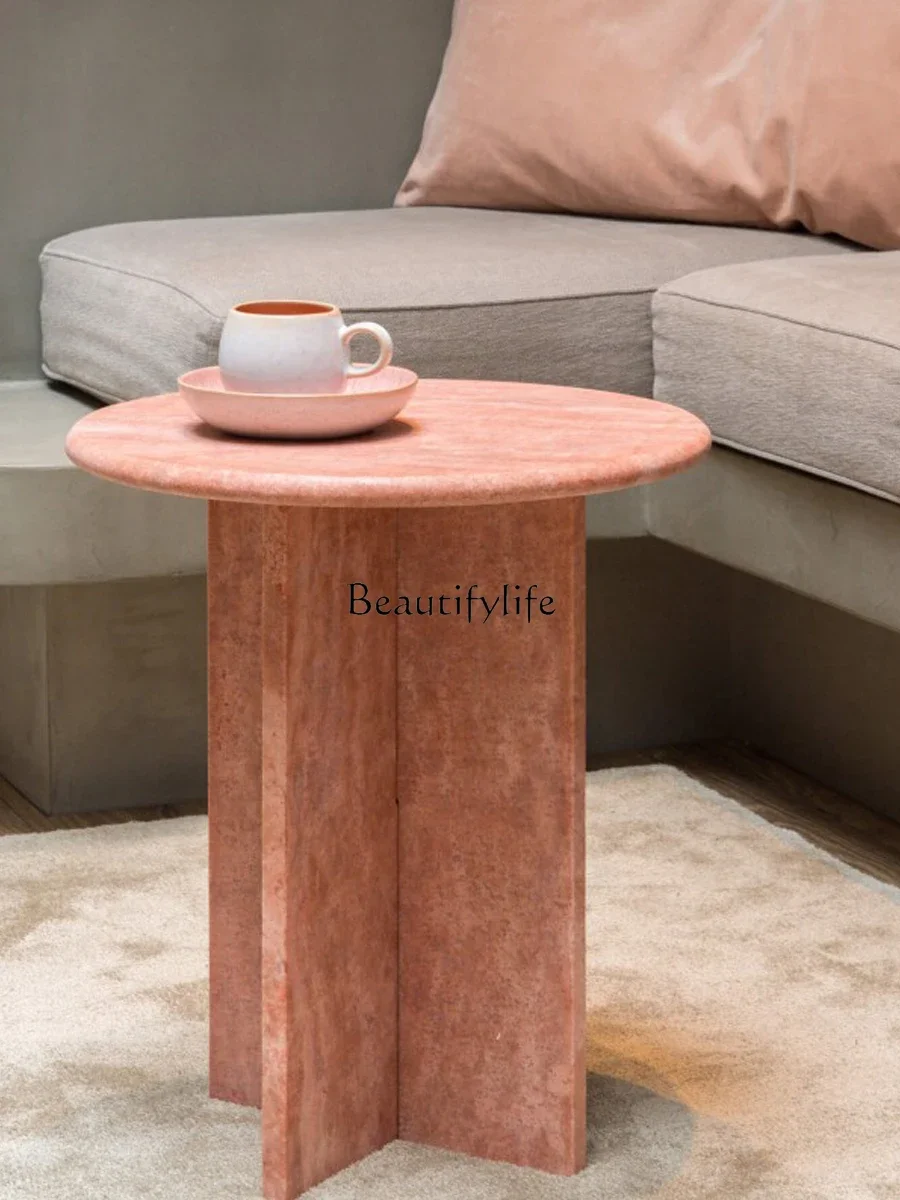 Italian round light luxury red travertine side table living room sofa simple coffee table