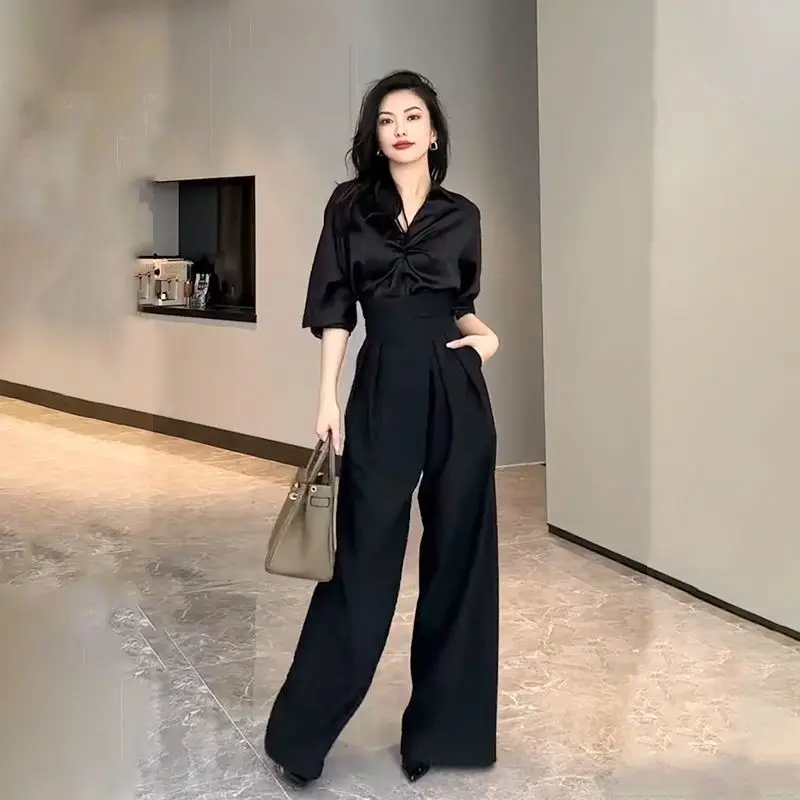 2024 Black Design Wide-Leg Pants Women's Slimming Suit Pant Magic High Waist Loose Straight Drooping Mopping Casual Trousers