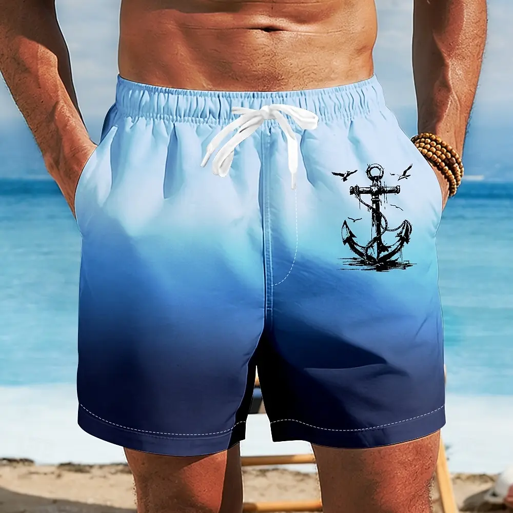 

Men's Hawaiian Beach Vacation Board Shorts, Gradient Nautical Anchor Print, Mid Waist Drawstring Trunks for Spring & Summer