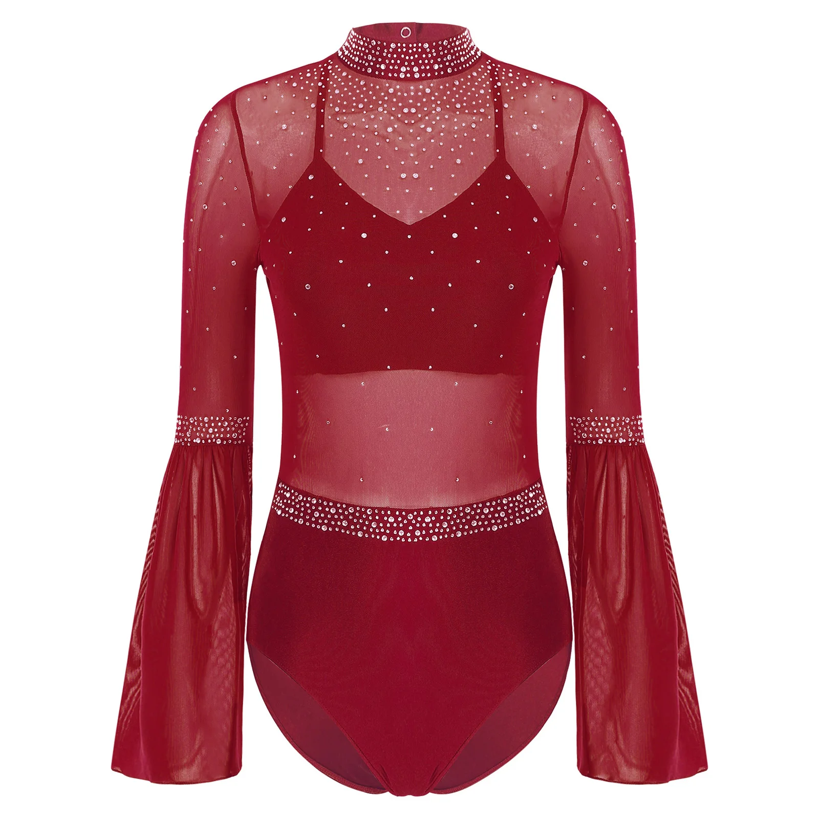 Damen Eiskunstlauf Rhythmische Gymnastik Performance Kostüm Flare Sleeve Sparkly Strass Ballett Tanz Trikot Tanzbekleidung – Detail 28