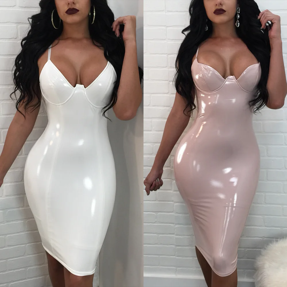 

Sexy Glossy Pu Leather Bodycon Midi Dress Women Sleeveless Low Cut V-Neck Sheath Bag Hip Push Up Slit Backless Club Party Dress