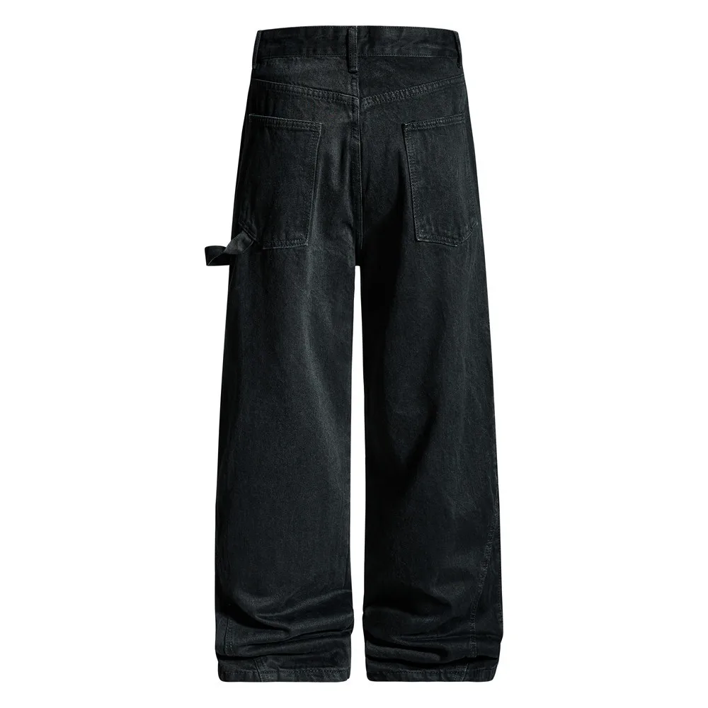 MWJLPWQ Irregular Washed Loose Denim Trousers For Men Street Style Design Unique Diagonal Placket Straight Wide-Leg Jeans 20336