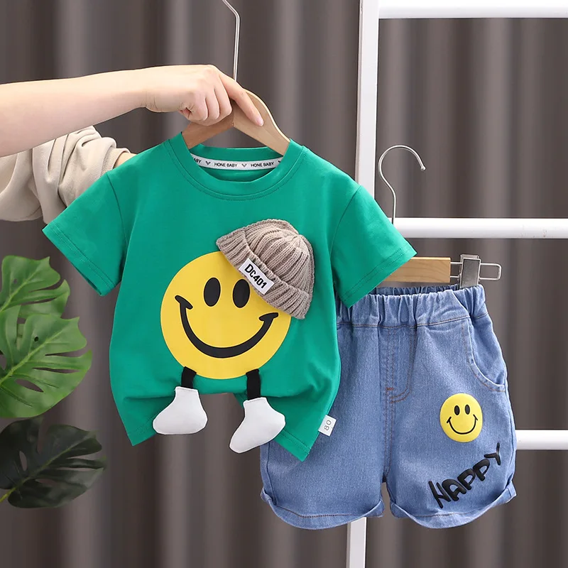 2023 New Children Cartoon Short Sleeve Pullover T-Shirt Denim Shorts 2PCS Set Girls Summer Clothing Kids Fashion Casual Outfits