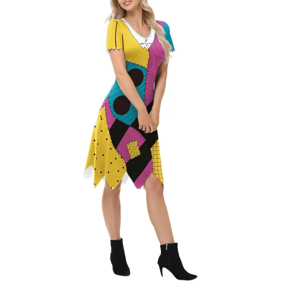 فستان نسائي مرقع بطباعة ثلاثية الأبعاد وأكمام طويلة ورقبة دائرية لحفلات الهالوين التنكرية للبالغين