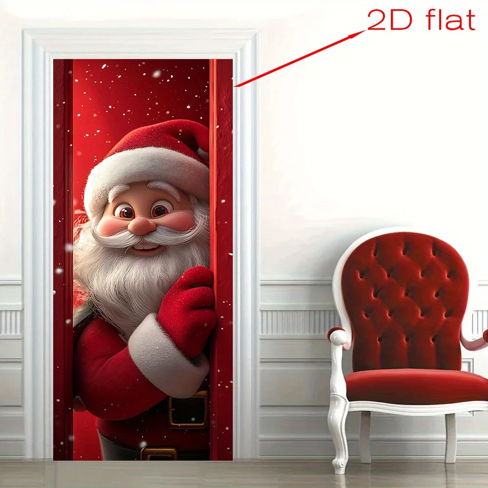 قطعة واحدة، لافتة باب مسطحة 2D، تقشر سانتا كلوز من خلف الباب الأحمر، بوليستر متعدد المقاسات/علم الباب