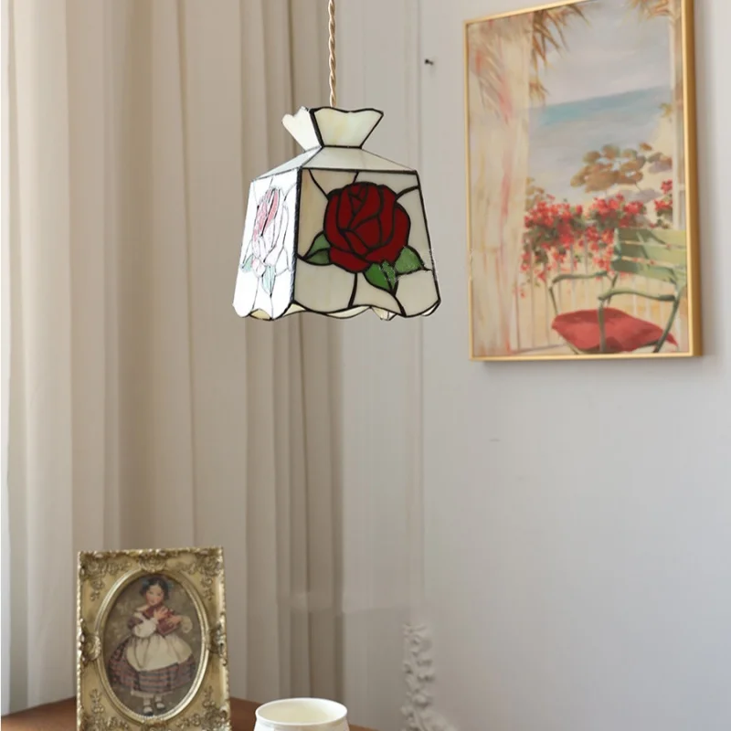 IWHD Rose Flower Glass LED Pendant Lamp Restaurant Kitchen Bedside Vintage Loft Style Brass E27 Adjustable Hanging Light Fixture