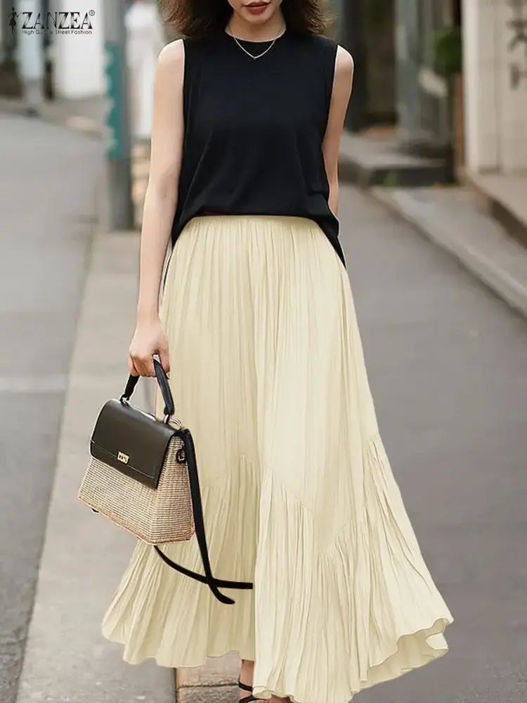 

ZANZEA 2025 Elegant Women's Midi Skirts Elastic Waist Seamed Crinkled Solid Color A-Line Long Skirt Streetwear Commuting Wear