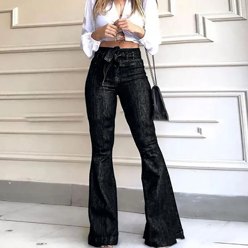 Elegant High เอว LACE-up Flare กางเกงผู้หญิงสะโพกเดินทางกระดิ่งด้านล่าง DENIM กางเกงแฟชั่นหญิง Streetwear