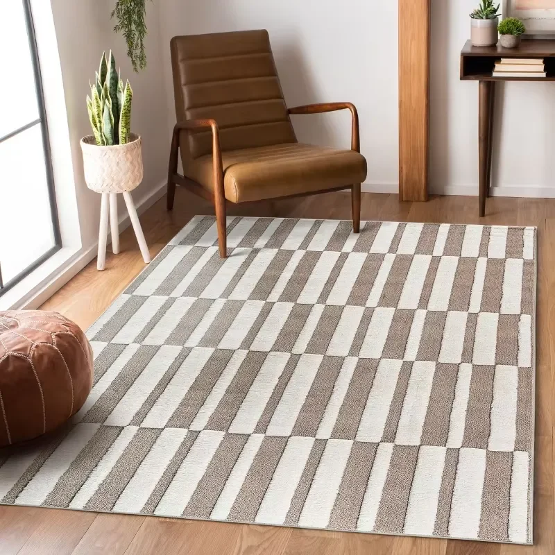 Overseas Stock Free Shipping High-Low Striped Beige/Cream Indoor Area Rug 5'3''x7'6'' Contemporary Non Shedding Carpet