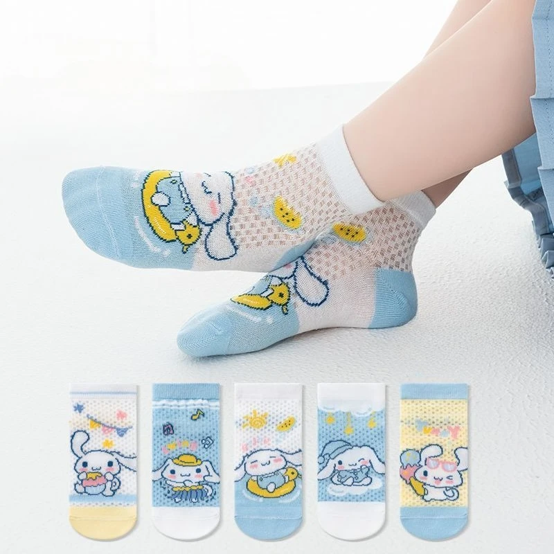 Hello Kitty Cinnamoroll Anime Kawaii Sanrio Calzini casual per bambini Estate Carino Kuromi Calza in rete di seta ghiacciata Regali per bambini