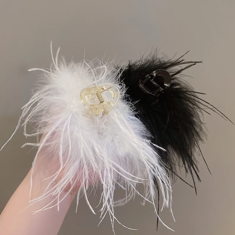 AWAYTR Party Black Ostrich Hair Shark Clip Girl Hairpin Feather Hair Claws Hair Accessories Women Autumn and Winter Headwear