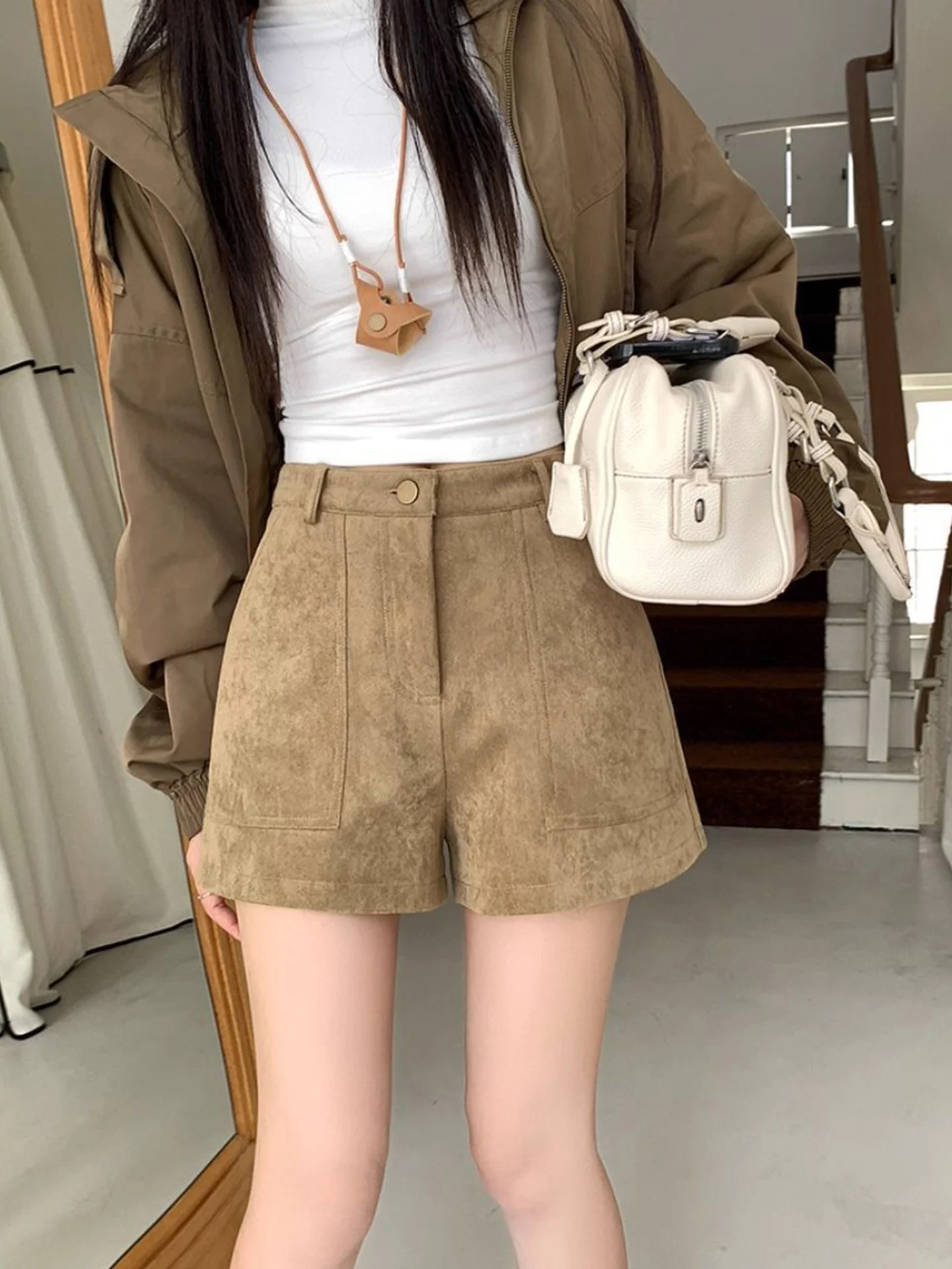 

Женские повседневные брюки из замши цвета хаки с широкими штанинами, высокой талией, эффектом стройности, в стиле рабочей одежды, однотонные, с большими карманами