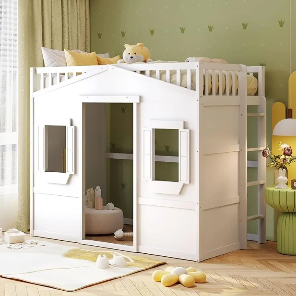 Kids Playhouse bed,House Loft Bed Twin Solid Wood Loft Bed Frame with Window and Ladder for kid,Safe Wooden Children Beds