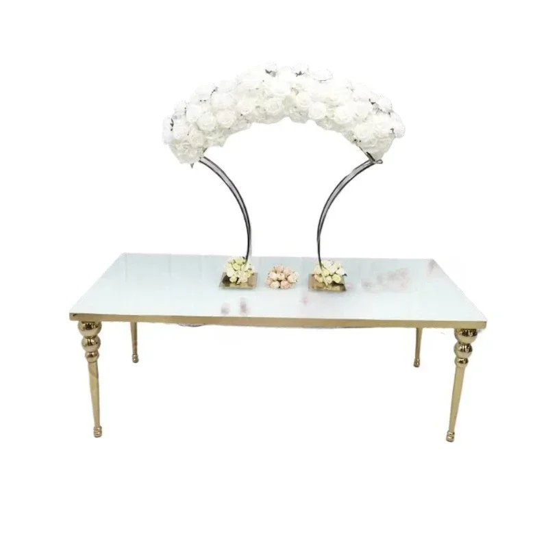 Luxury long rectangular stainless steel and white glass hotel wedding table event