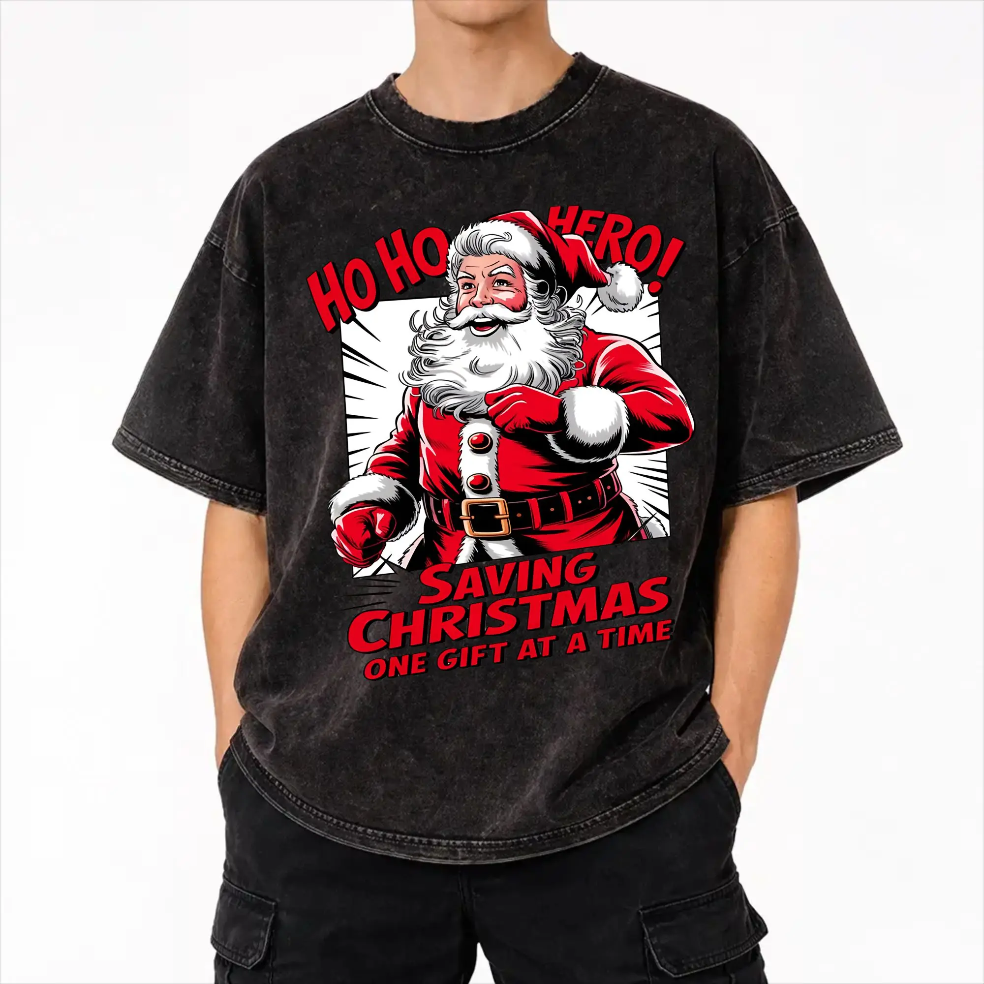 Ho Ho Hero ! - Saving Christmas - One gift at a time  T Shirt Hip Hop Washed 100% Cotton T-Shirt  for Men Women Streetwear