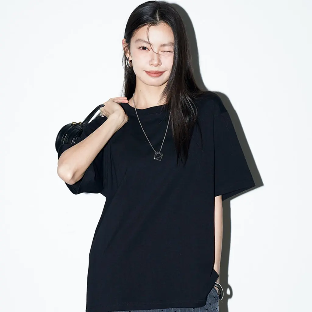 

Women's Black Solid Color Cotton T-shirt Short-Sleeved Korean Style plus Size Summer Loose White Base Shirt