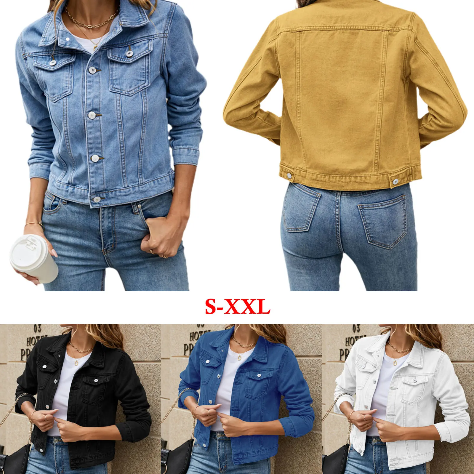 Jaket Denim lengan panjang wanita, jaket Denim wanita modis kasual lengan panjang kerah kancing bawah warna polos dengan saku jeans ramping, mantel musim gugur dan musim dingin