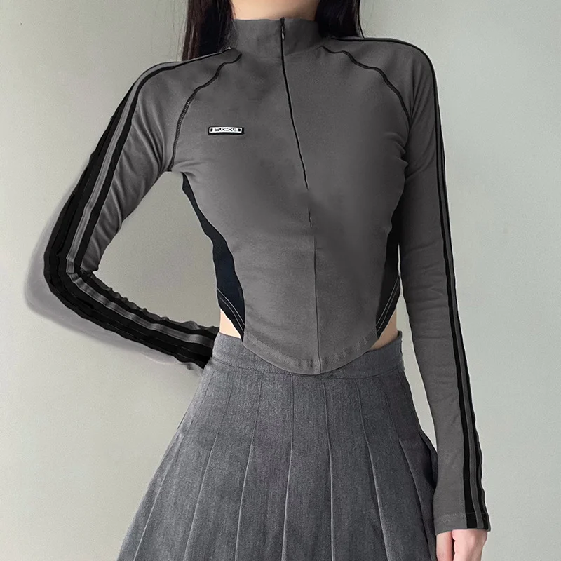 

Футболка с длинными рукавами Slim Fit Base 2025 года для похудения, воротник-стойка на молнии, топ с U-образным подолом для женщин