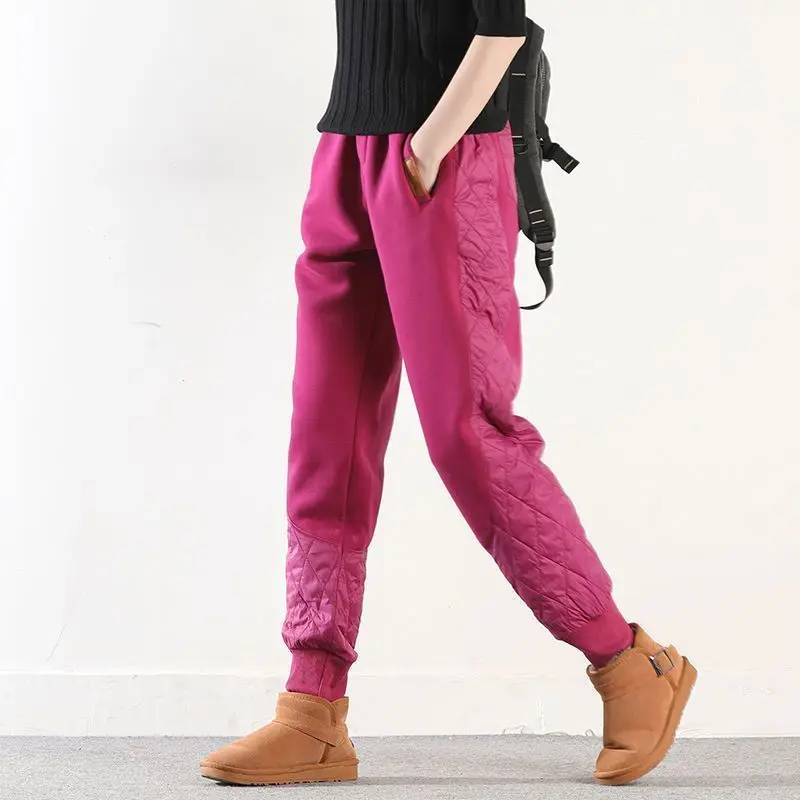 Winter Fashion Women Pants Patchwork Plus Fleece Harem Solid Color Elastic Waist All-match Cotton Korean Big Size Warm Trousers