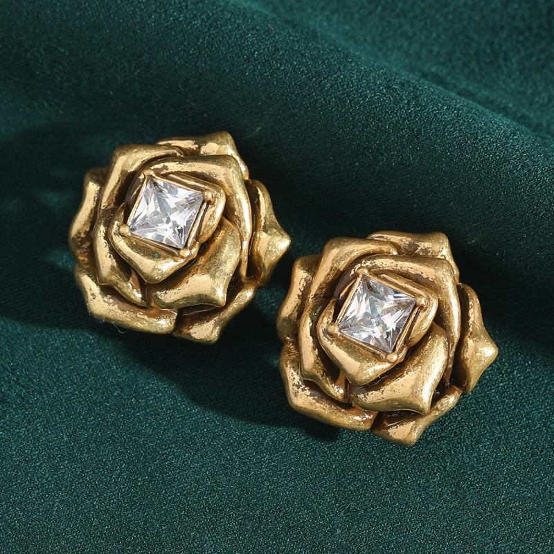 

Vintage Rose Flower Camellia Stud Earrings Antique Gold Color Cubic Zirconia Square Women Accessories Jewelry Retro 2025 Trend