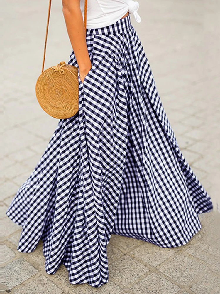 

Fashion Plaid Skirt Women Boho Long Dress Summer Elegant Sexy Elastic Aline Skirt Lady Casual Loose High Waist Skirt With Pocket