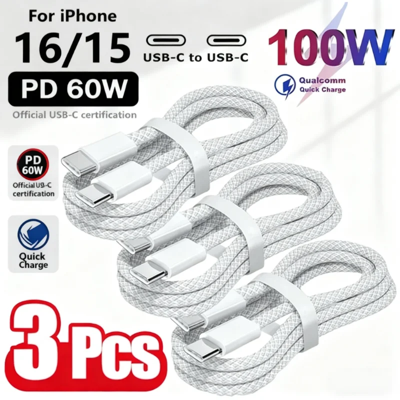 3 قطعة كابل USB C إلى USB C 100 واط شحن سريع كابل الشاحن يدعم الشحن السريع آيفون 17 15 سامسونج شاومي هواوي الخ