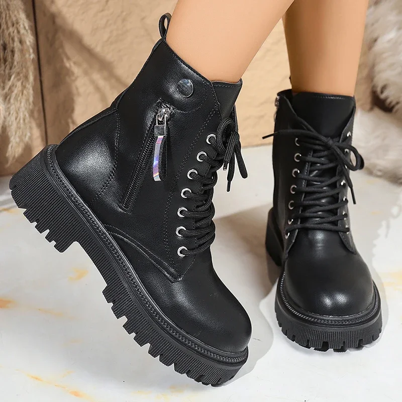 Women's Black Pu Leather Combat Boots 2026 Autumn Thick Heeled Platform Ankle Boots Woman Plus Size 42 Side Zip Motorcycle Shoes