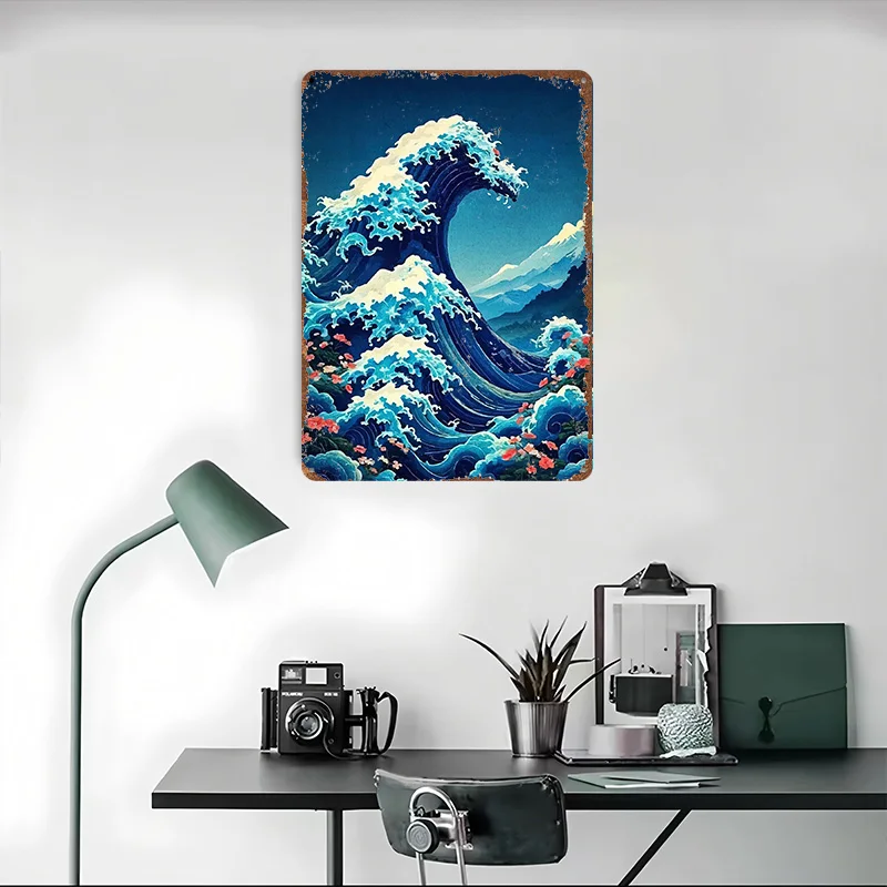 موجة عظيمة مع الزهور والجبال ملصق معدني جدار الفن من الجداريات علامات القصدير المعدنية القابلة للتخصيص لتزيين جدران الفن الرجعية