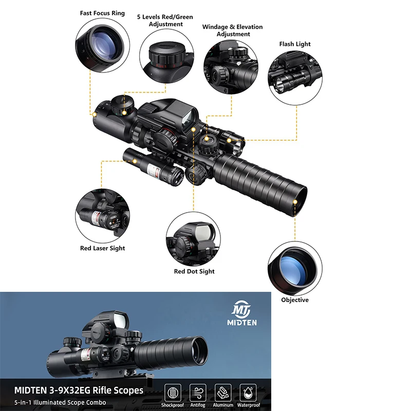 

MidTen 3-9x32 Scope Combo 4 Reflex Red/Green Dot Sight & Red Laser Sight Rangefinder & Flashlight with 20mm Mount for Picatinn