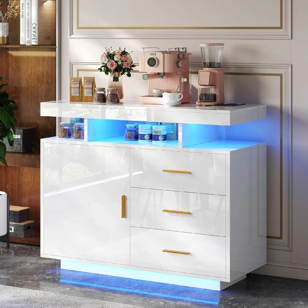 

Sideboard Buffet Cabinet with Charging Station, Coffee Bar Table with 3 Color LED Light, Bar Cabinet with Storage with Drawers.