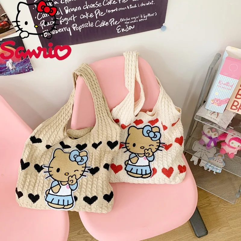

Hello Kitty 2025 New Women's Knitted Bag Fashion High Quality Cotton Thread Bucket Bag Cartoon Versatile Beach Storage Bag