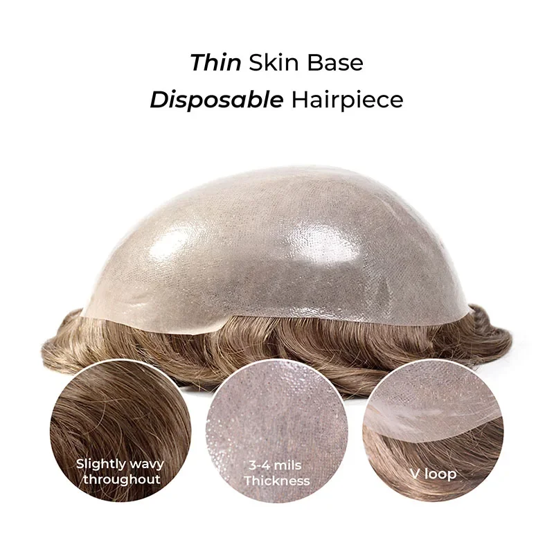 Peluquín de cabello humano para hombres, prótesis capilar de piel súper fina de 0,02-0,04mm, peluca Natural, unidad de sistema de reemplazo de peluca masculina